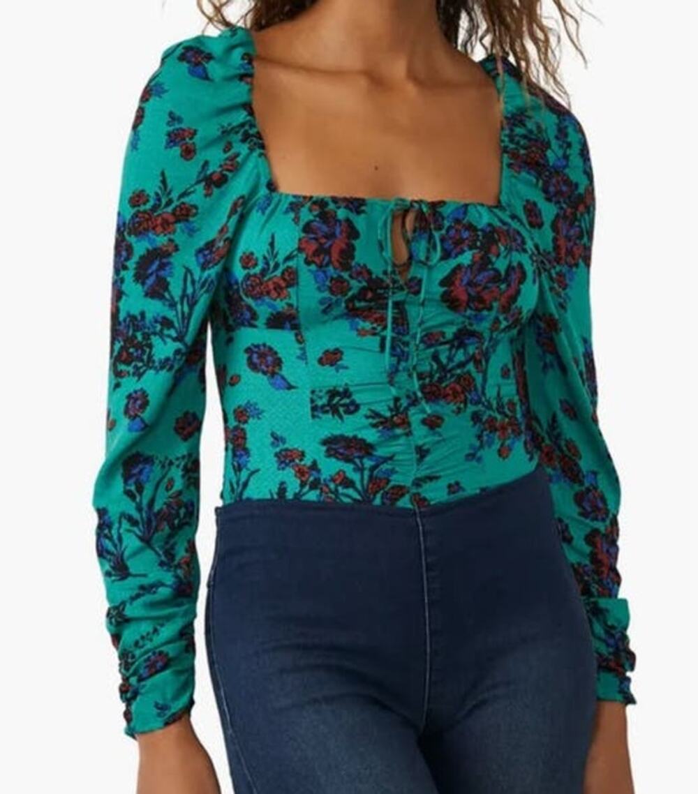 Free People top Hilary Print keyhole neck blouse green Medium M